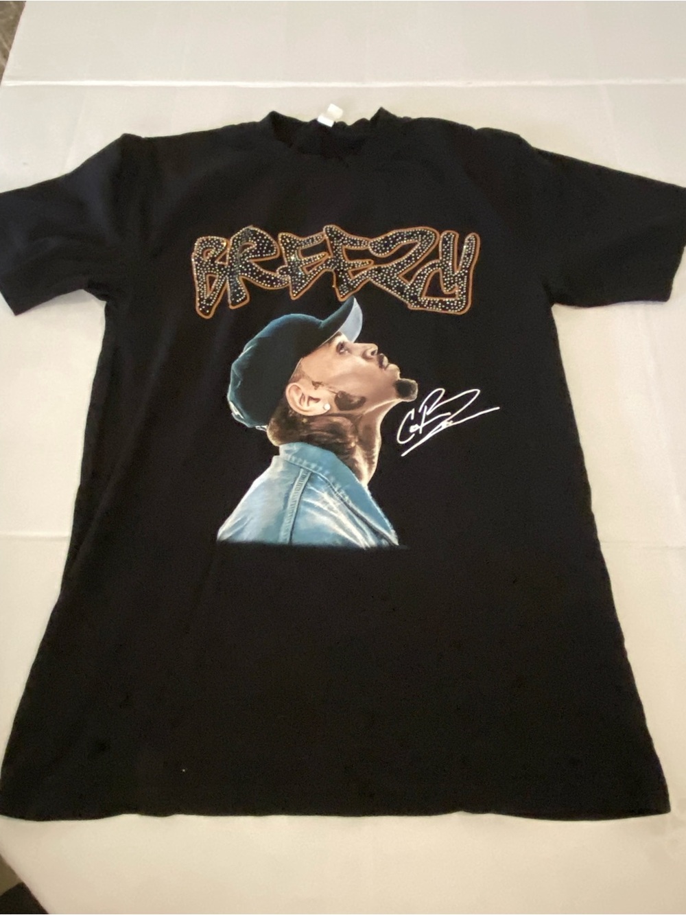 Chris Brown Black Graphic Tee with Profile Portrait and 'Breezy' Script Small